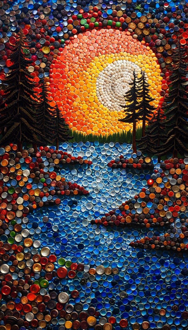 Bottle Cap Mosaic: Moon Over Lake Scene