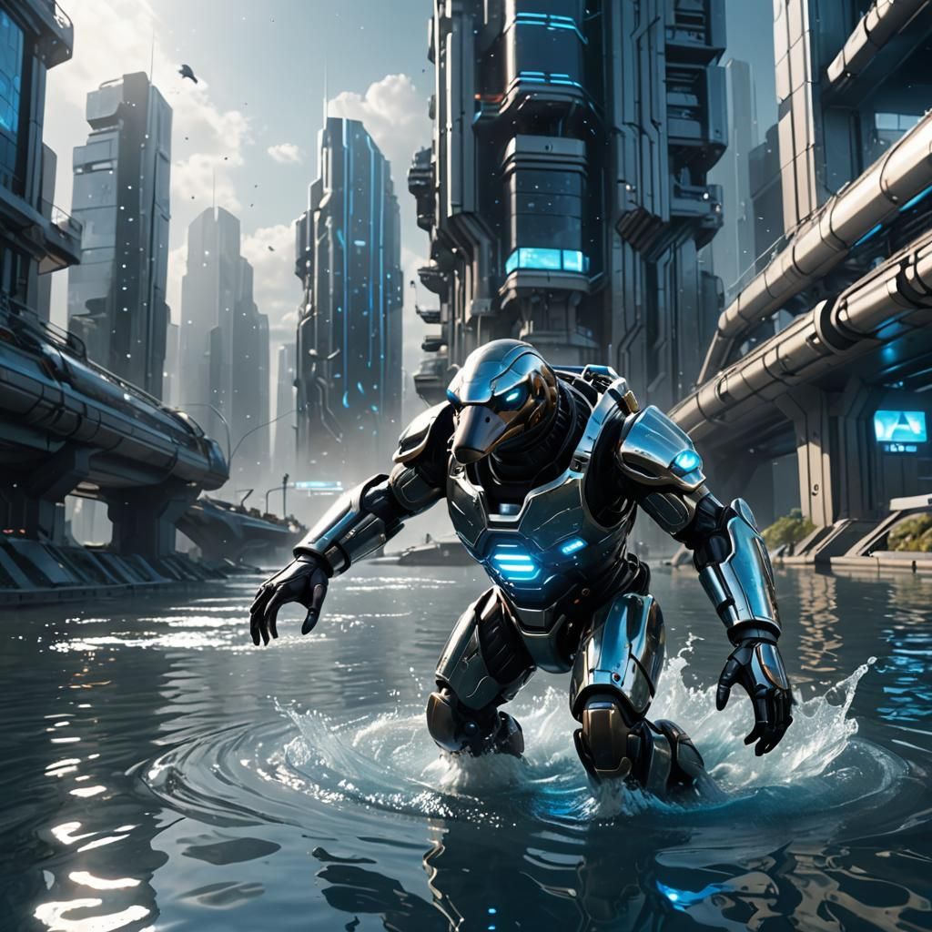 Platypus in Sci-Fi Exosuit in Futuristic River