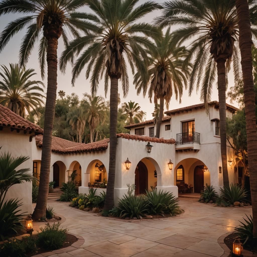 Spanish Mission Home in San Diego at Dusk