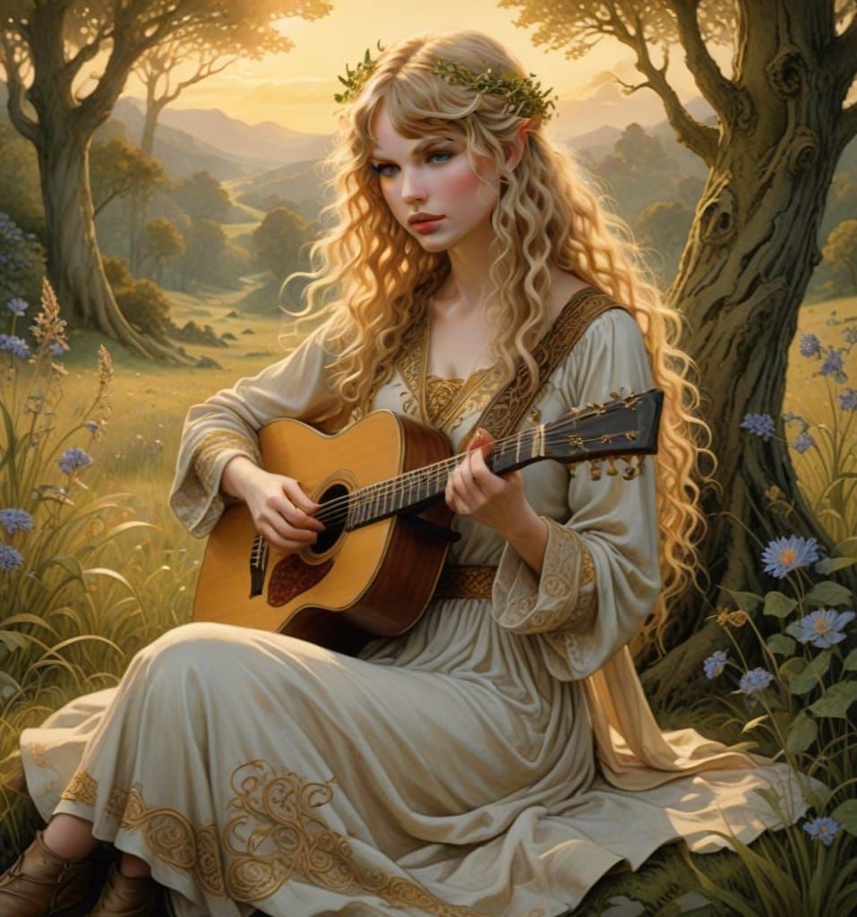 Taylor swift as an elf, playing guitar in a field, pointed elf ears