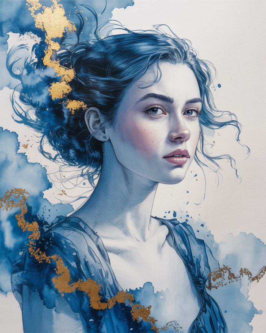 Ethereal Female Portrait in Blue and Gold