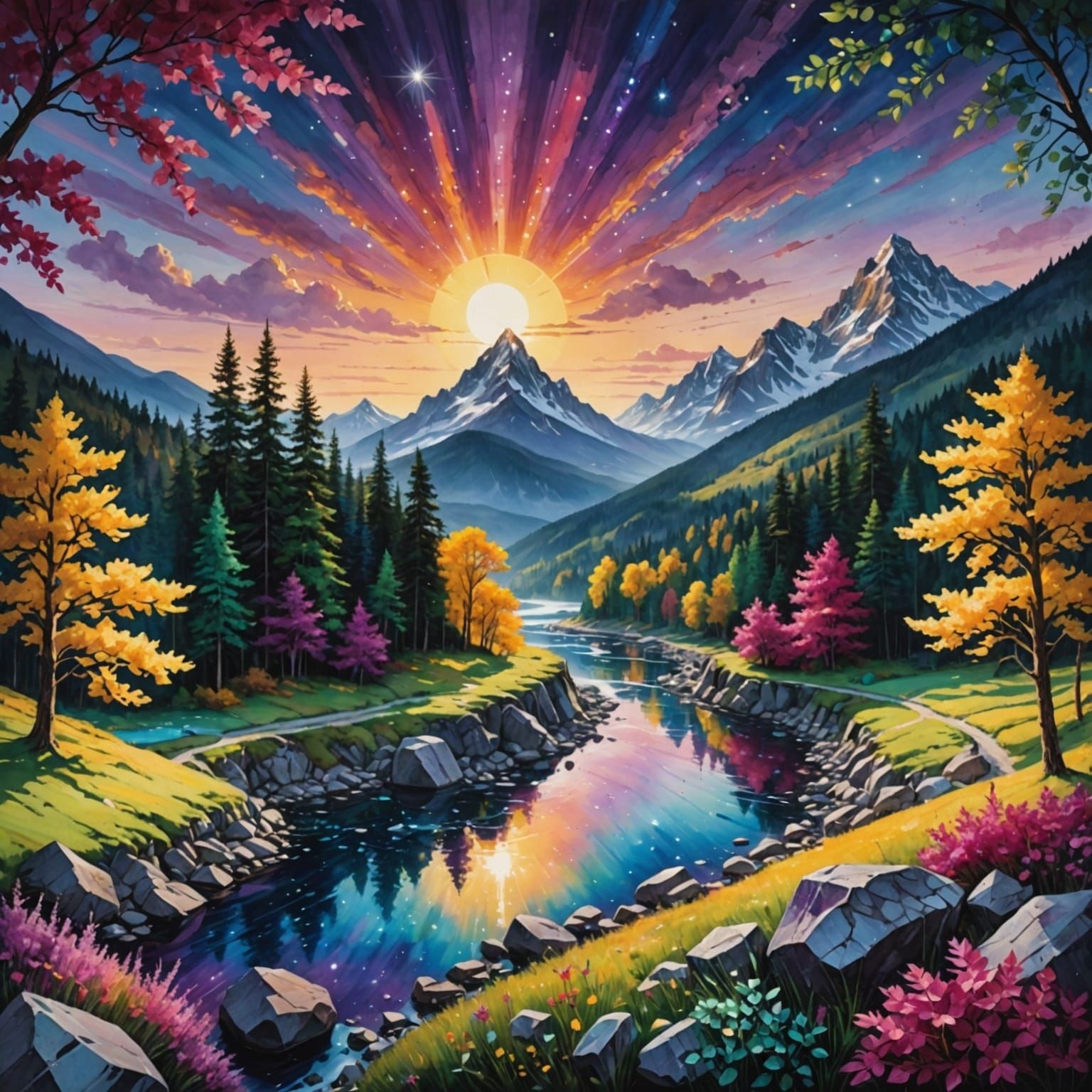 Dreamy Sunrise Scene in Vibrant Jewel Tones