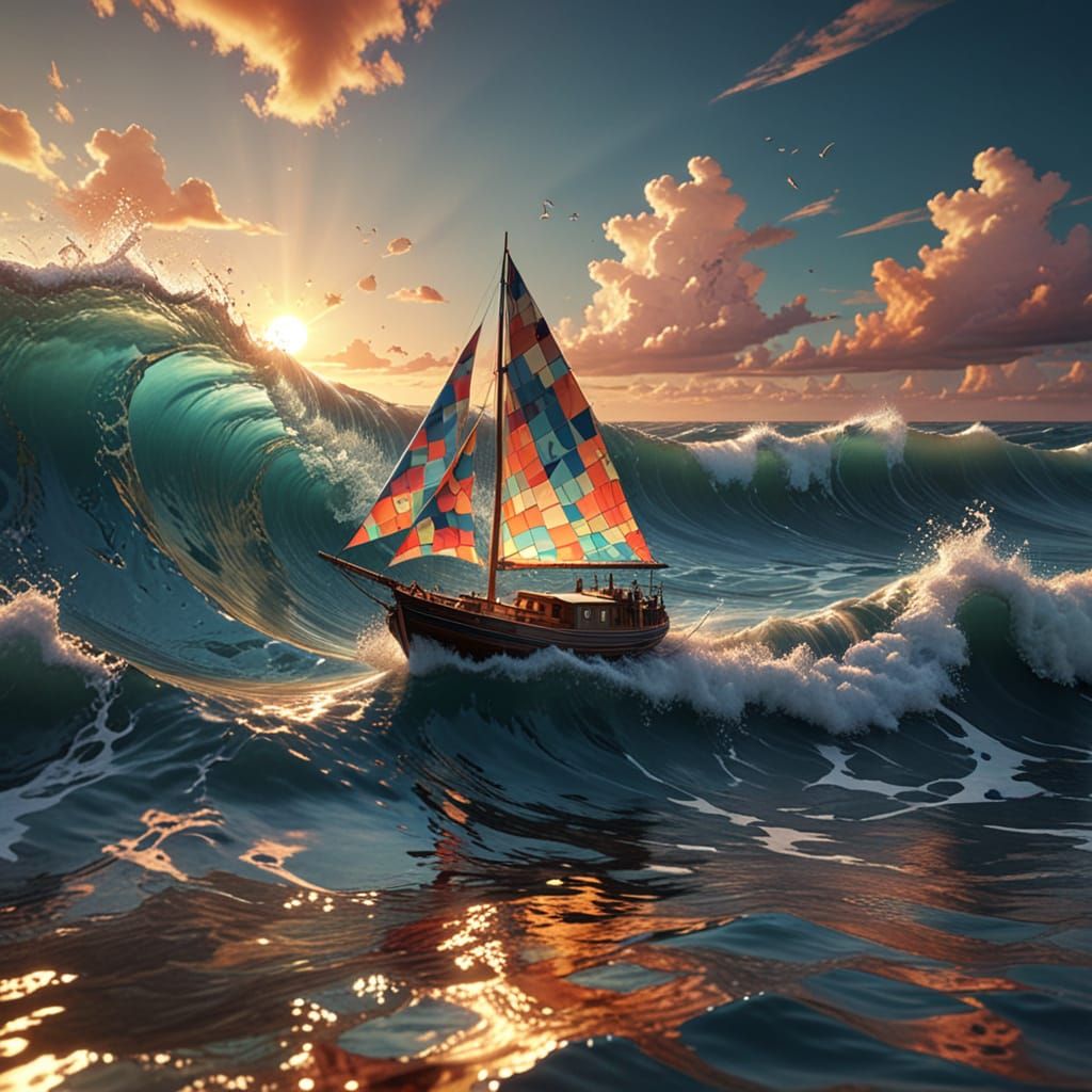 Surreal Sailing Vessel Battles Waves in Psychedelic Seascape