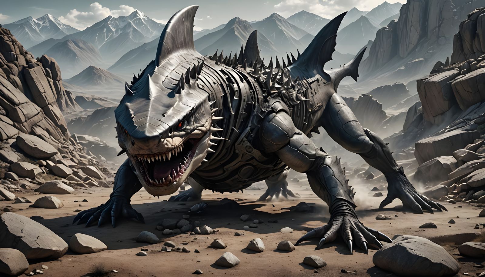 Photorealistic Rock Shark Hybrid in Mountain Landscape