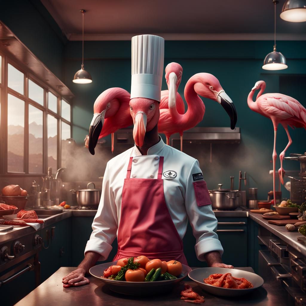 Flamingo Chef in Hotel Kitchen, Detailed Digital Painting