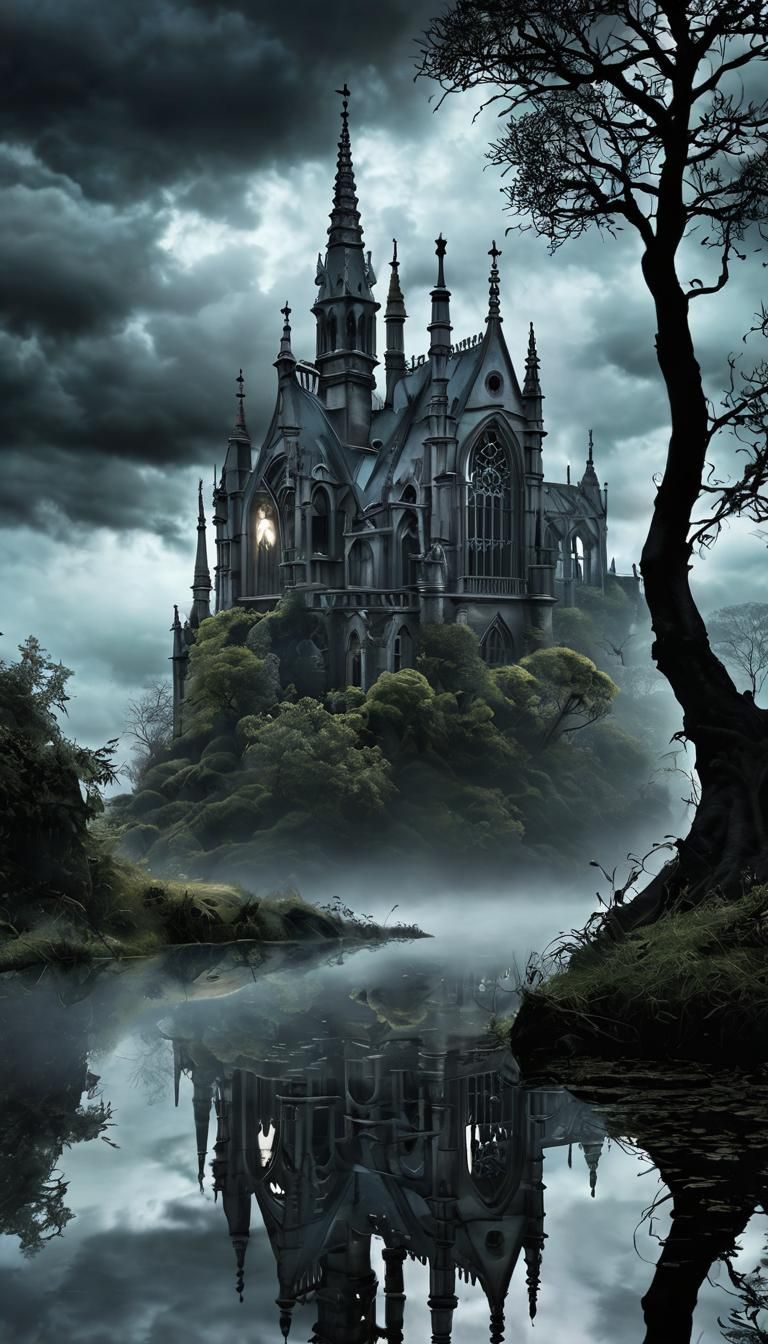 Ethereal Gothic Fantasy Landscape in Cloudy Ambiance