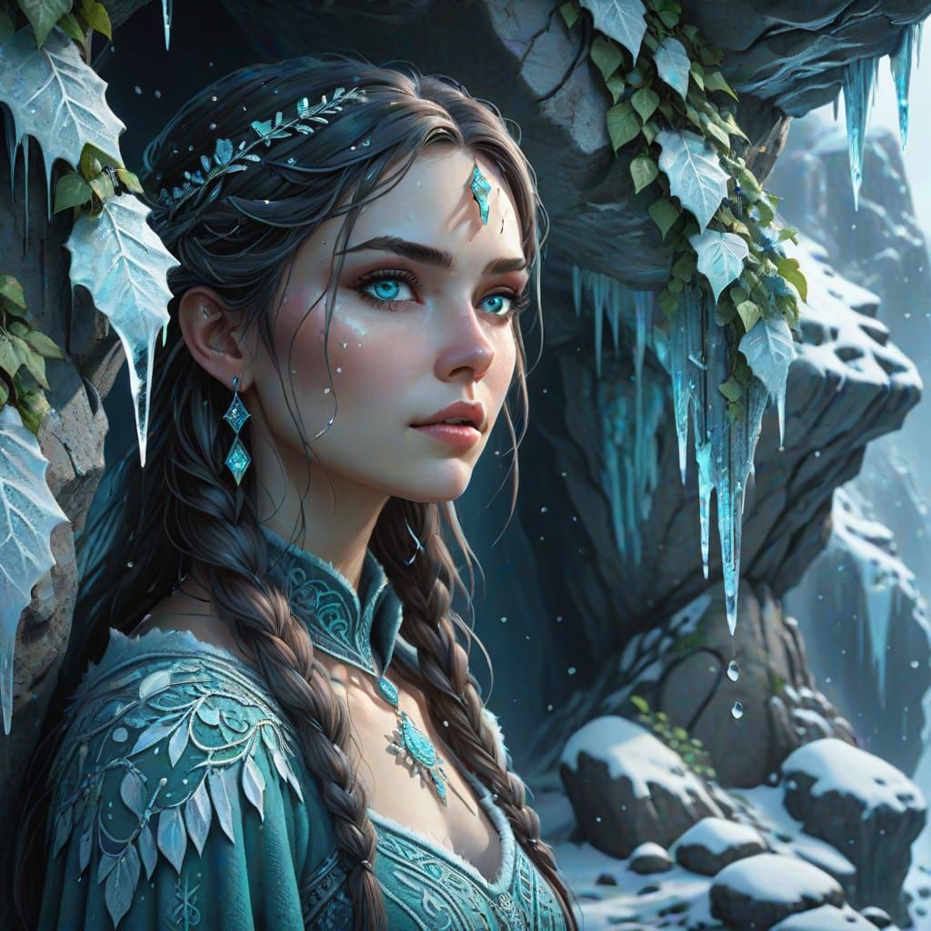 Mystical Slavic Enchantress in Icy Winter Scene