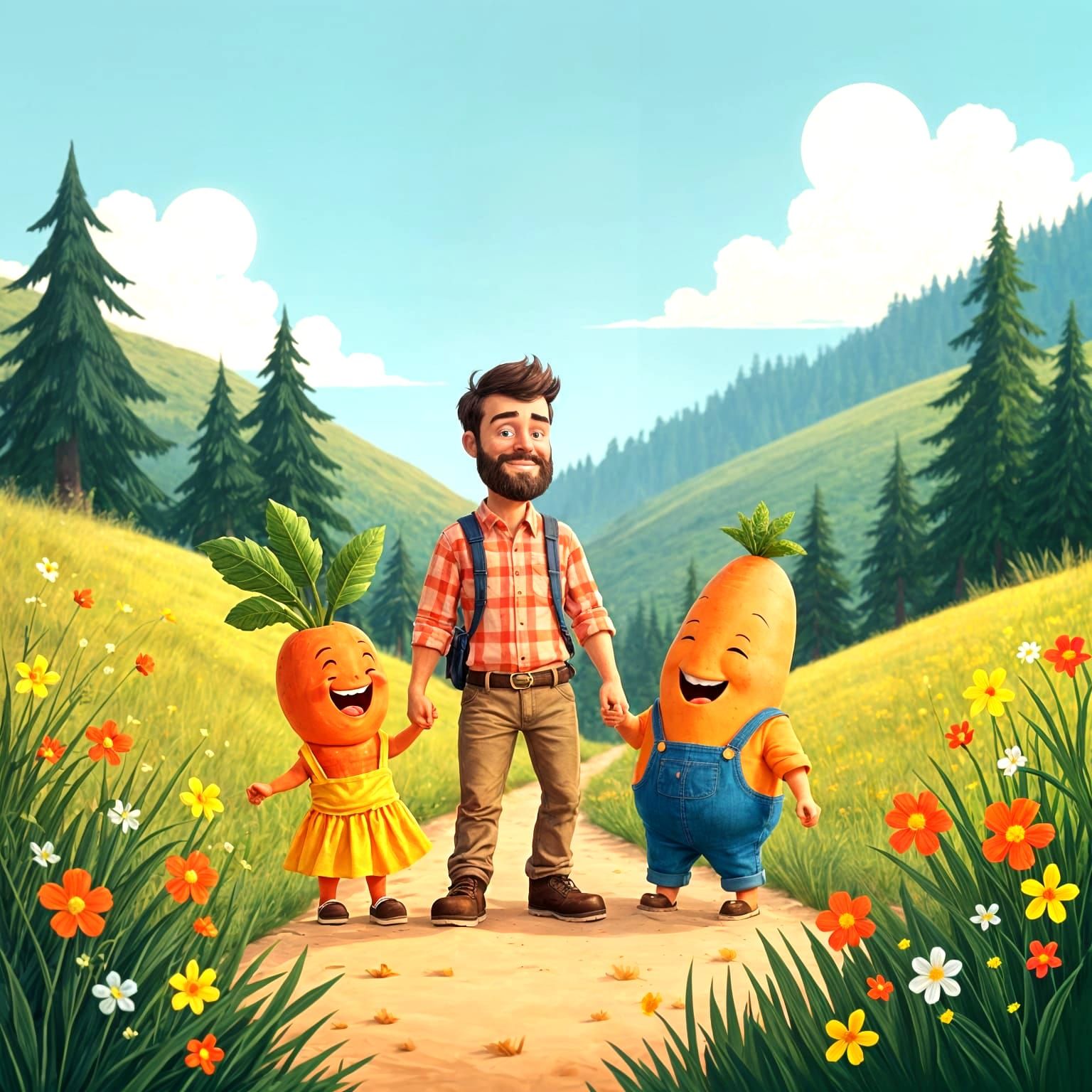 Man and Vegetable Friends Hiking in Nature
