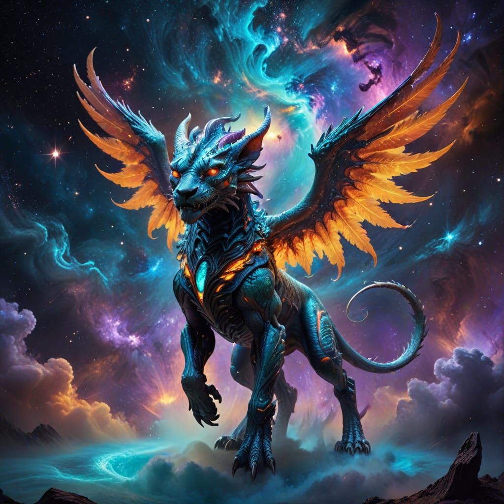 Surreal Cosmic Chimera Soars Through Vibrant Nebula in Cinem...
