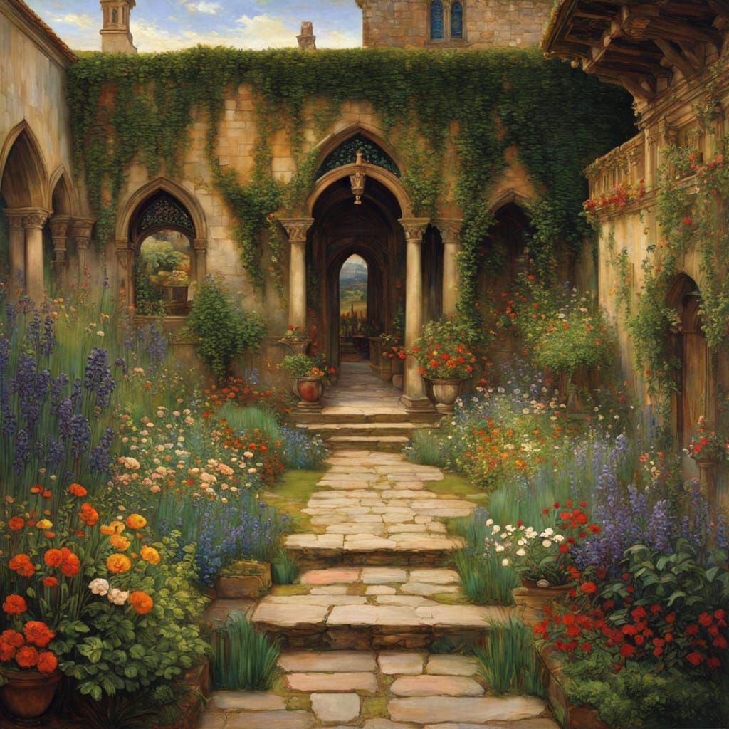 Vibrant Medieval Garden Scene in Jewel Tones