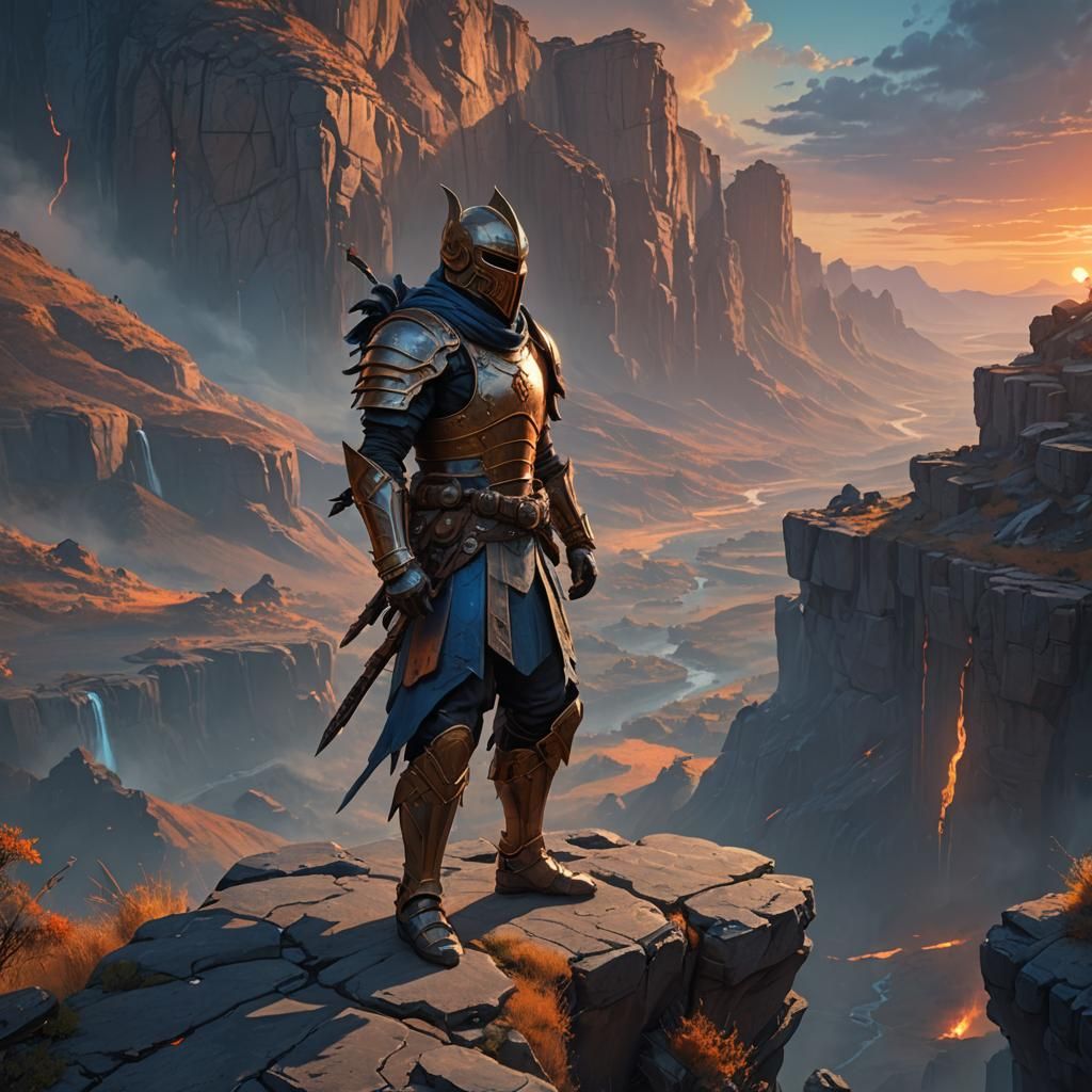 Masked Warrior Overlooks Battle in a Fantasy Landscape