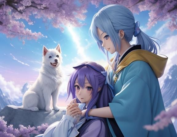 Anime Kids Play with Puppies in Magical Mist