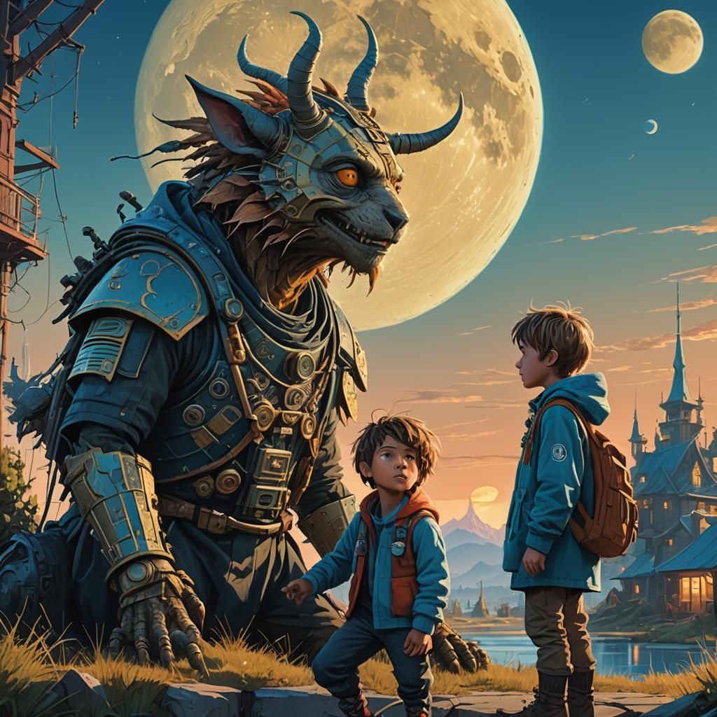 Boy and Creature in Fantasy World, Digital Art