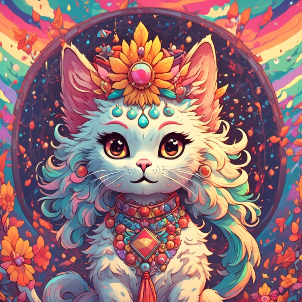 Rainbow Demonic Cat Portrait in Ukiyo-e Style