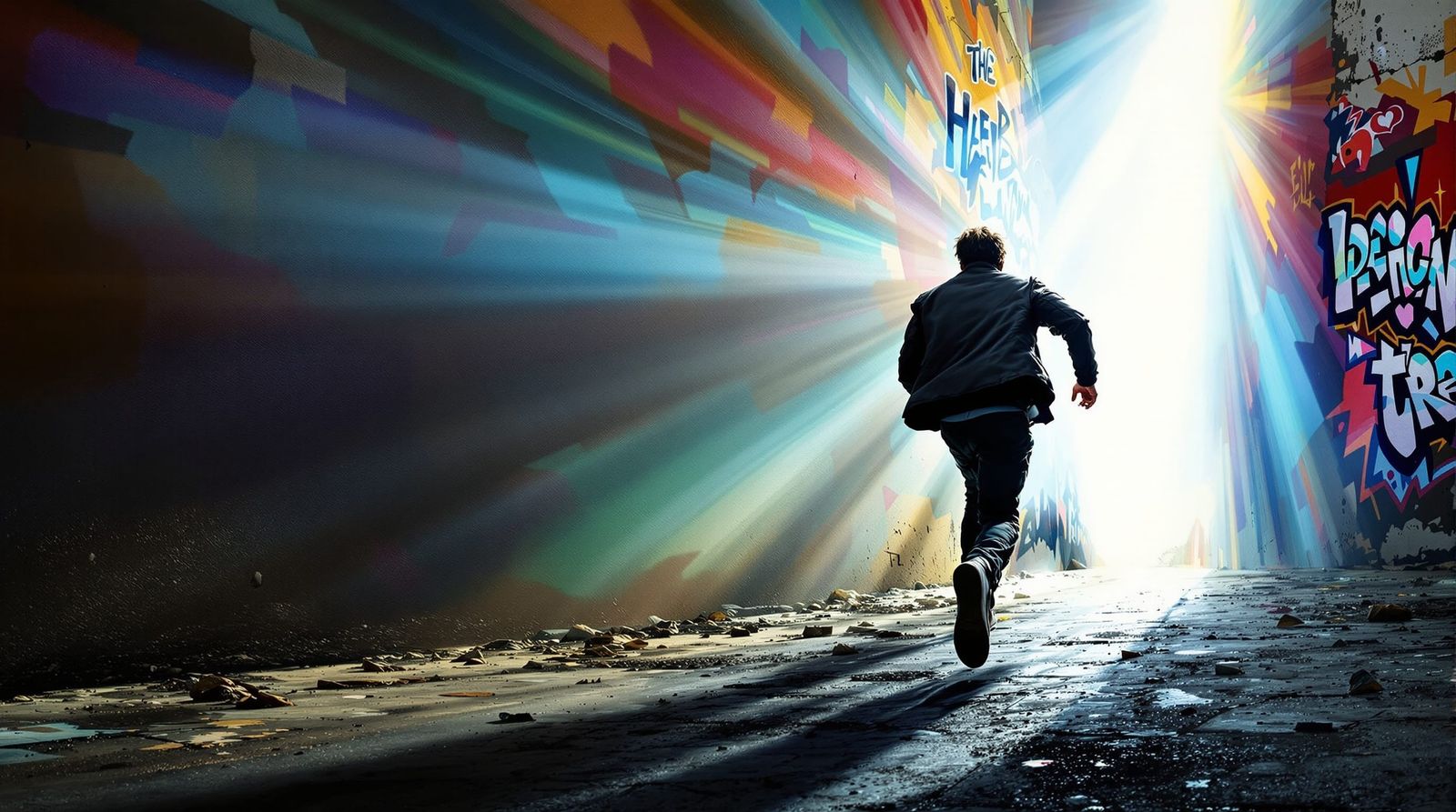 Man Runs to Divine Light Revealing Street Art