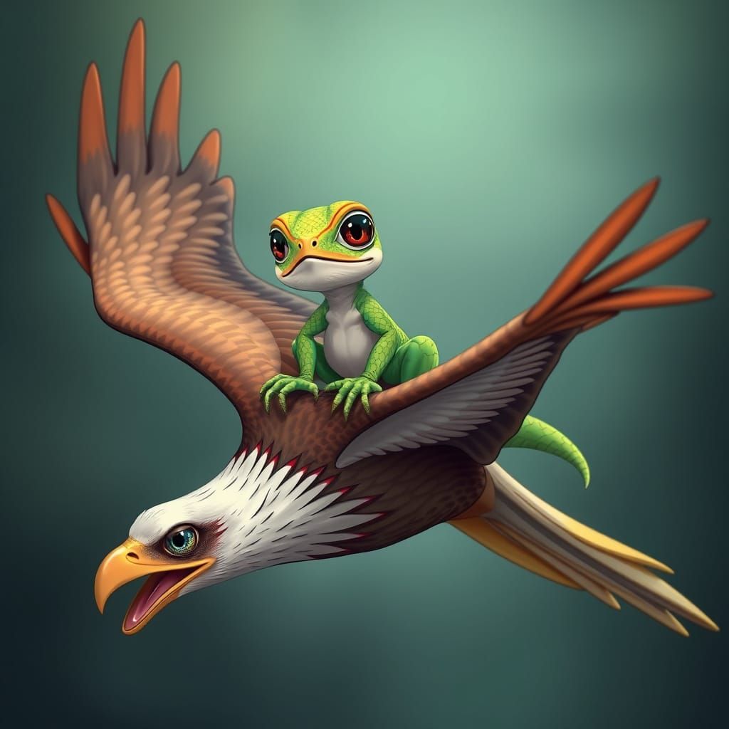 Chibi Lizard Rides a Colorful Flying Eagle