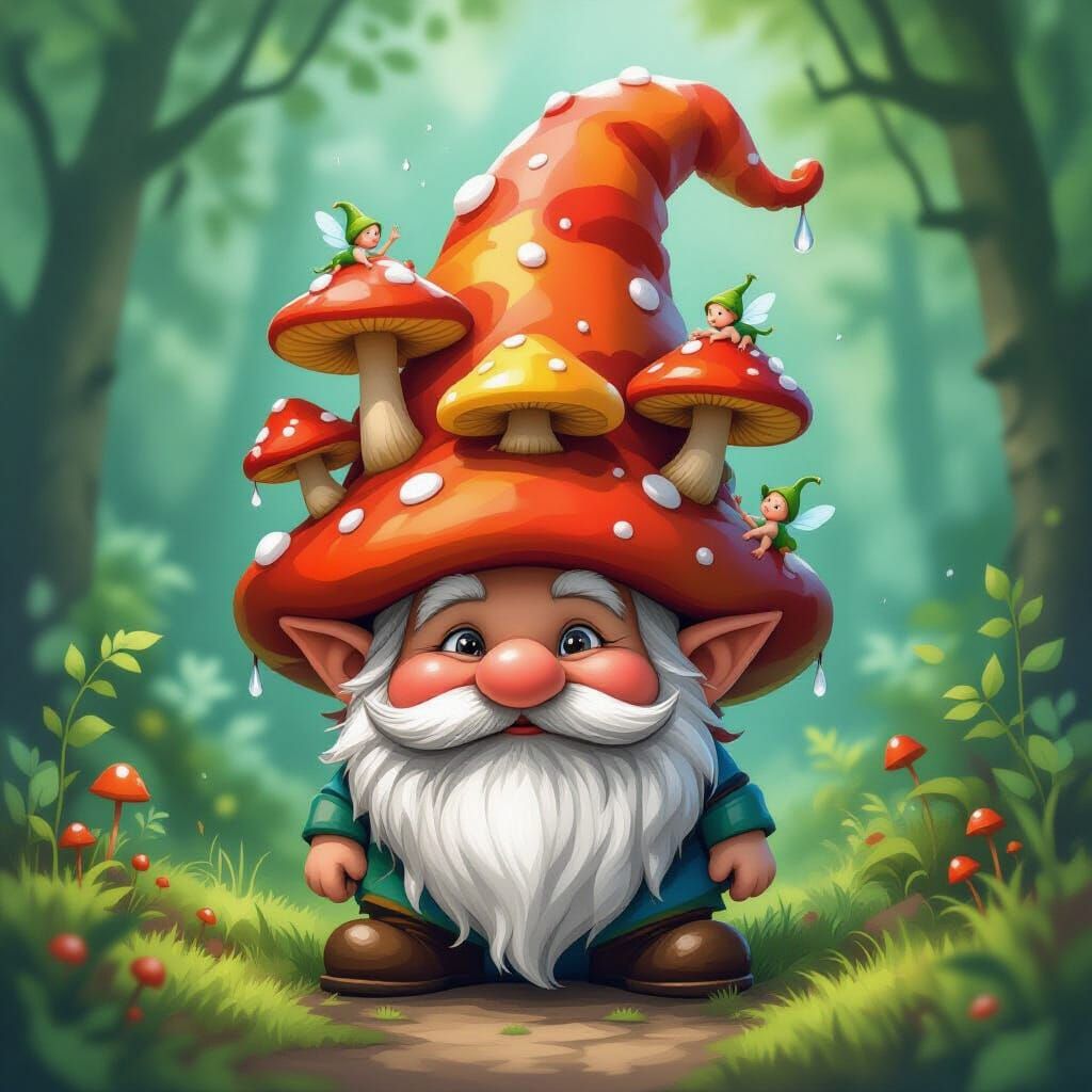 Whimsical Gnome with Mushroom Hat in Enchanted Forest