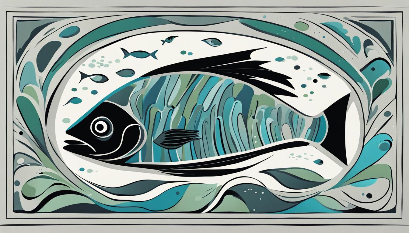 Minimalist Fish in Ocean, Cubist Style Typography Art