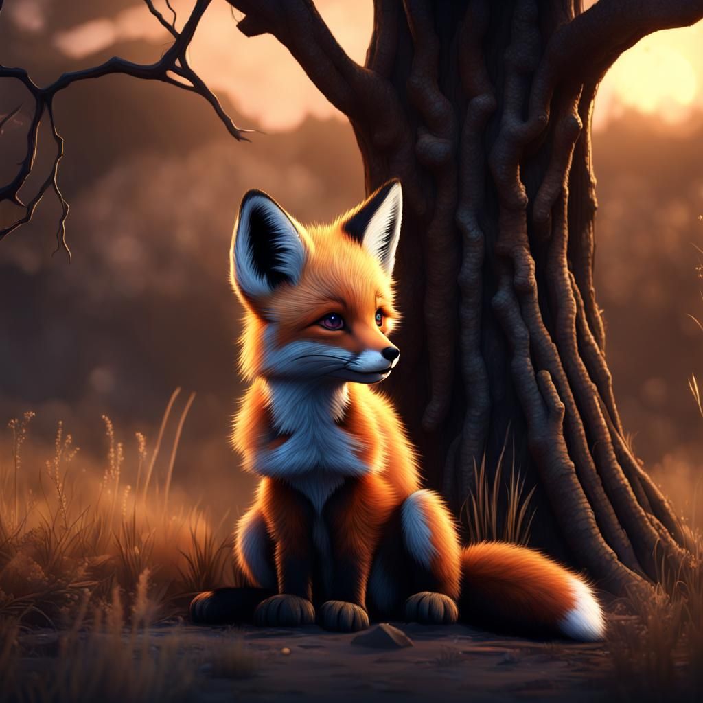 Crying Fox Cub Under Savanna Tree: Fantasy Art