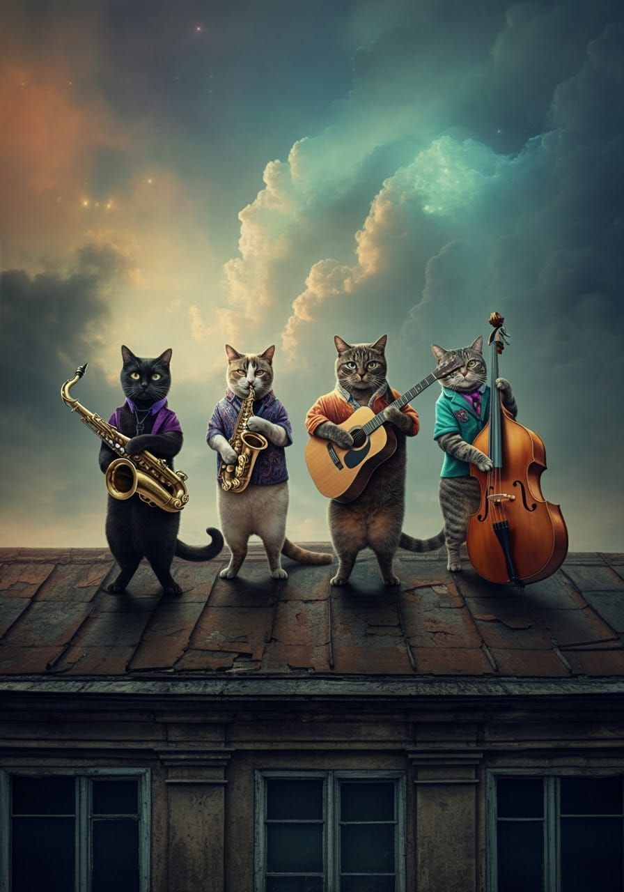 Cats Play Jazz on Rooftop with Dreamlike Sky