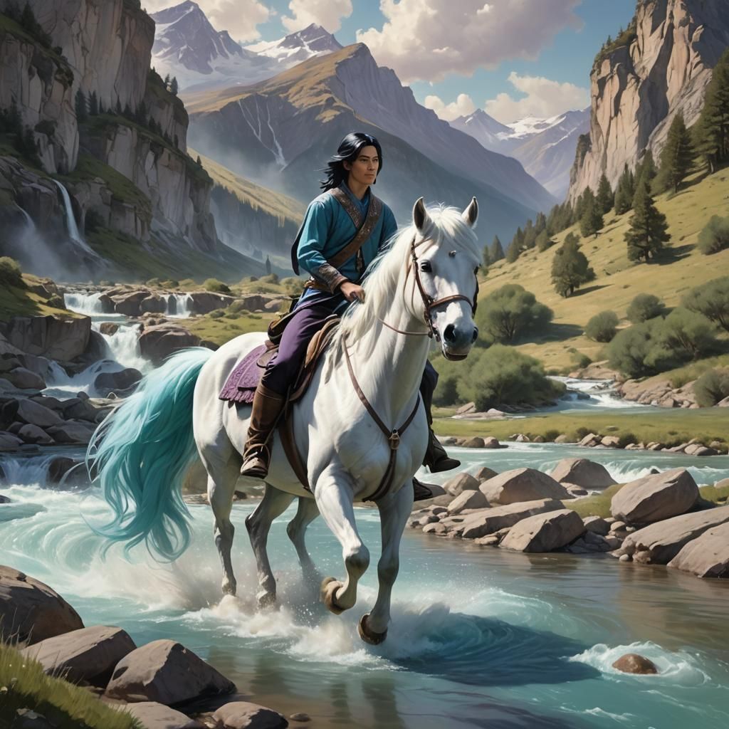 Boy on Pony in Mountain Stream, Matte Painting