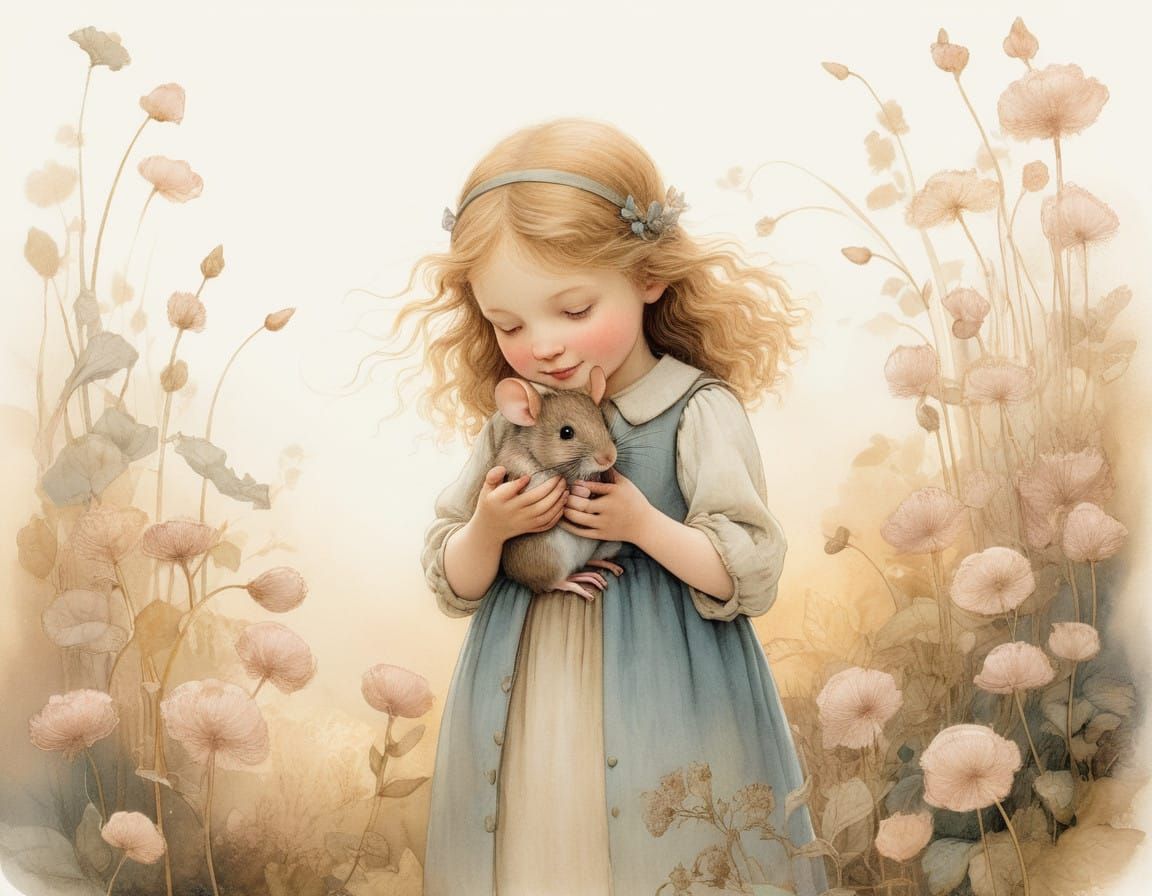 Whimsical Portrait of Girl and Mouse in Golden Light