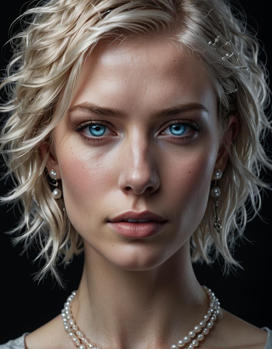 Platinum Beauty: Hyperrealistic Portrait with Pearl Jewelry