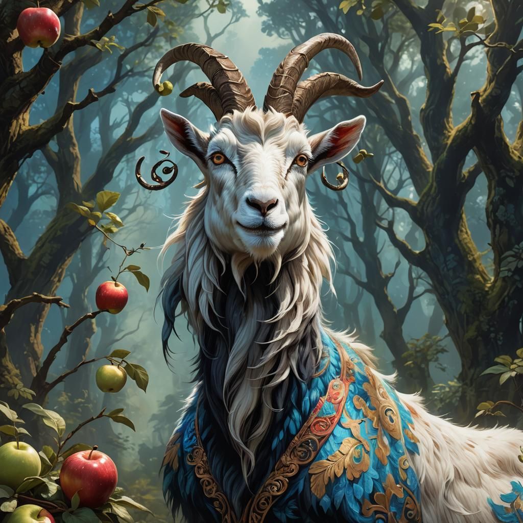 Mystical Goat Hybrid Portrait in Ancient Forest