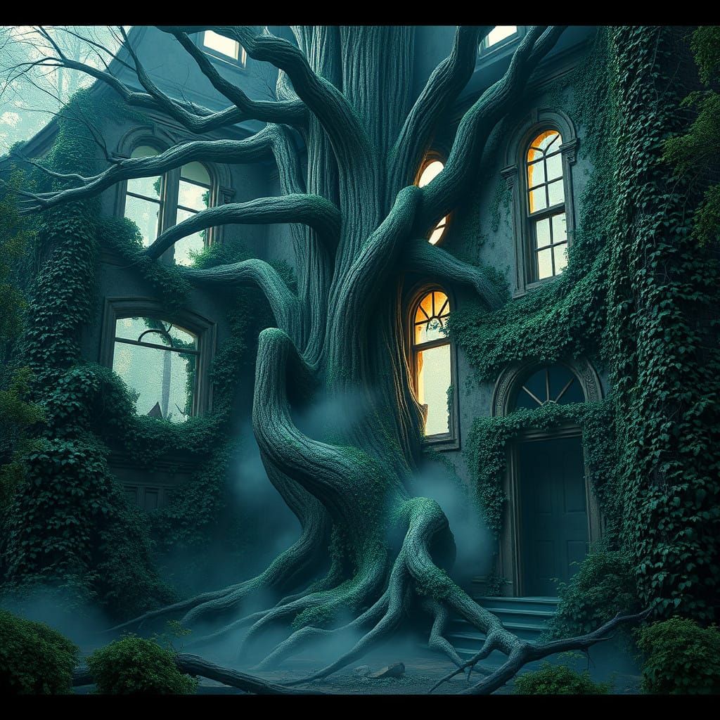 Ancient Tree Rips Through Abandoned Mansion in Misty Forest