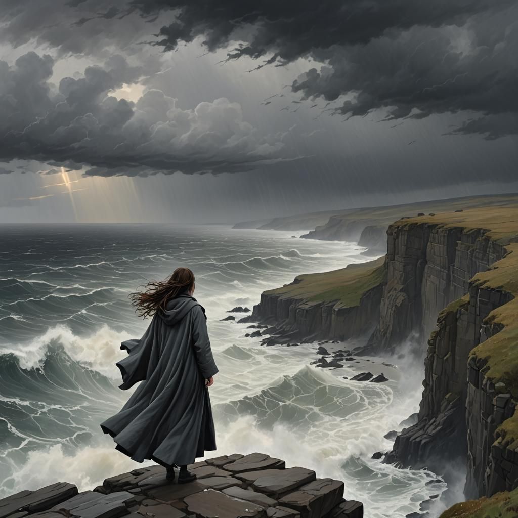 Solitary Figure Overlooking Tempestuous Sea: Fantasy Concept...