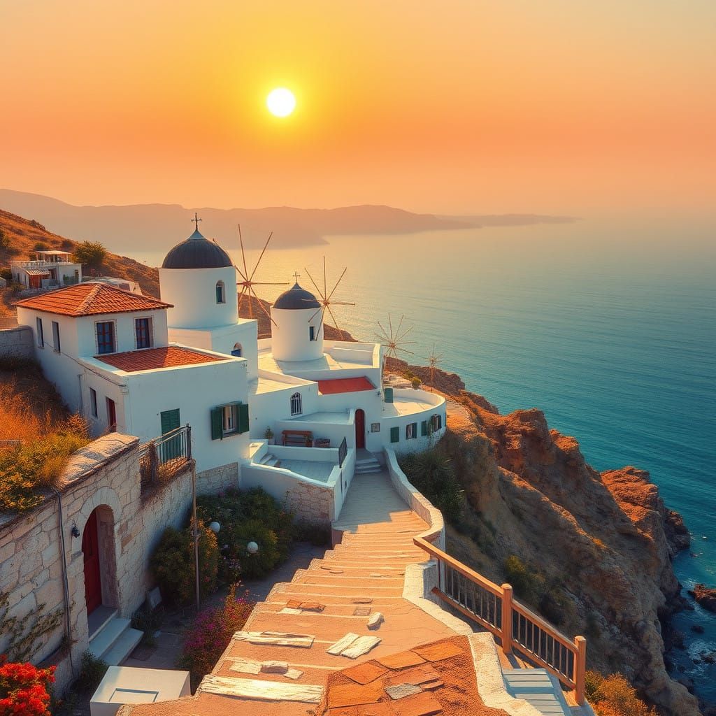 Greek Island Sunset in Impressionist Style
