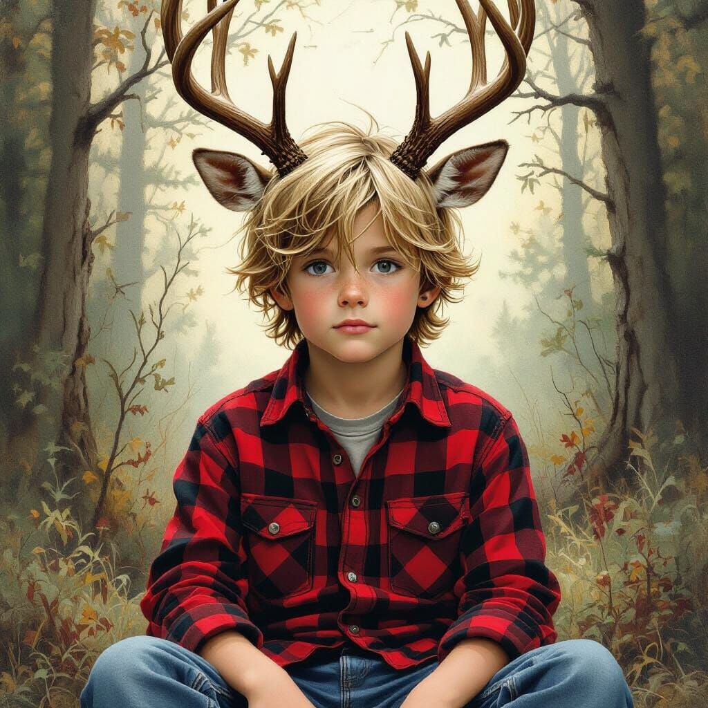 Boy with Antlers in Mystical Forest, Earthy Art