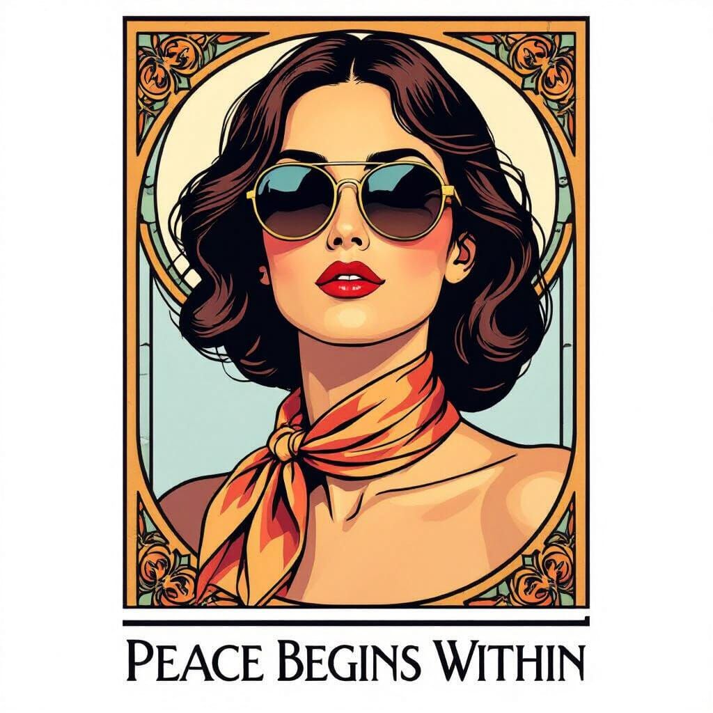 Graphic Art Portrait of Woman in Sunglasses with Silk Scarf