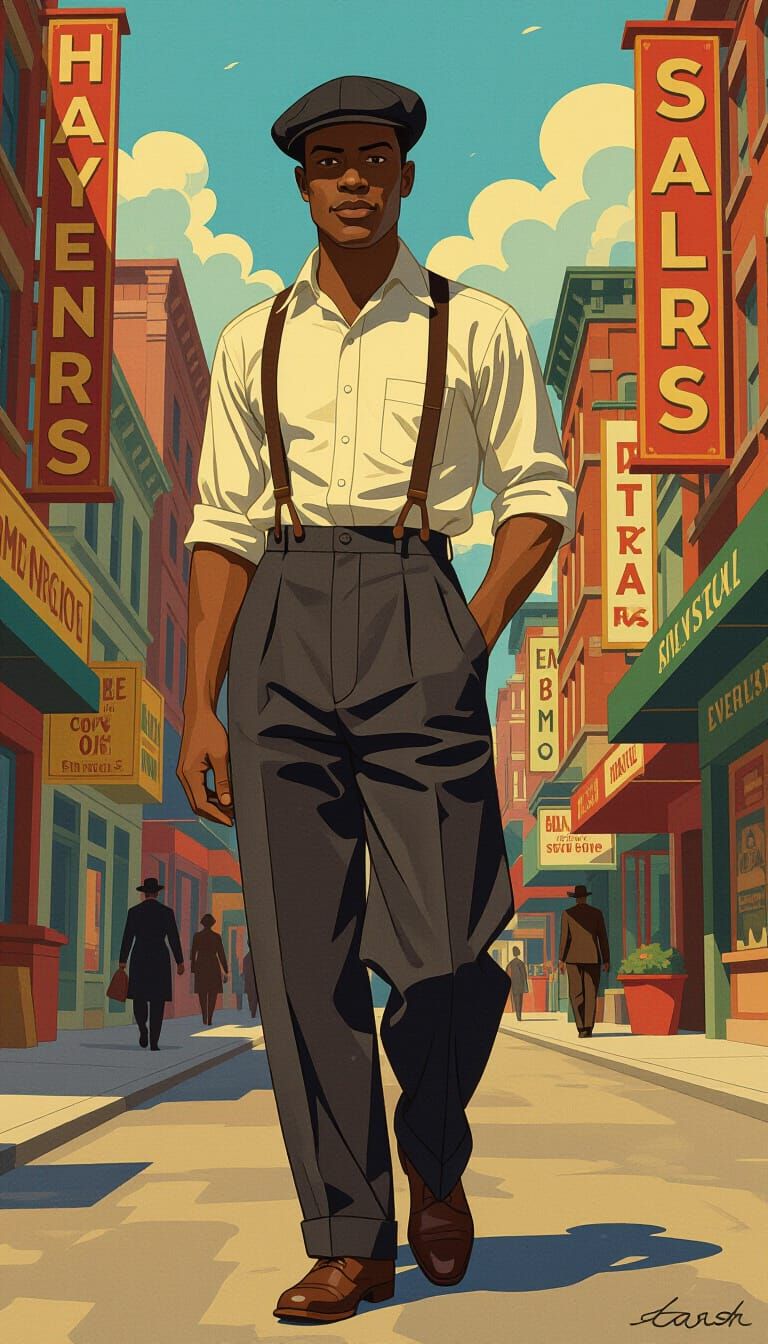 1930s Working Man in Vibrant Cityscape