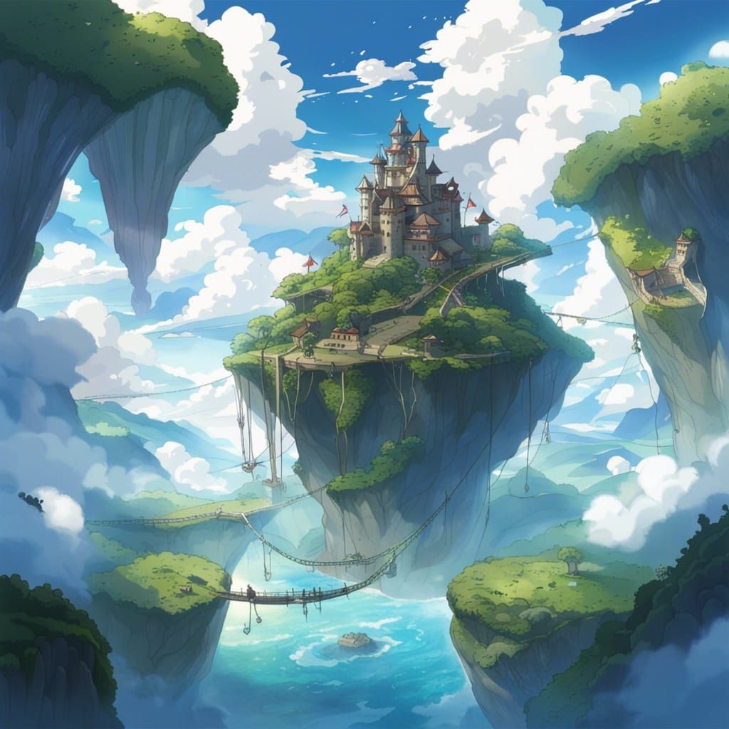 Magical Floating Islands with Anime Style Castles