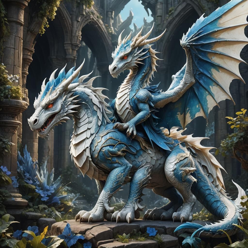 Gothic Fairy Rides a Blue Dragon with Phoenix