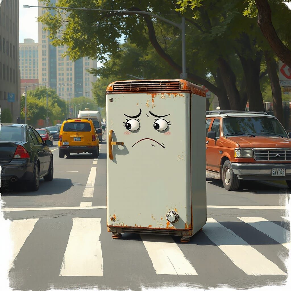 Impatient Refrigerator Crosses Busy Street