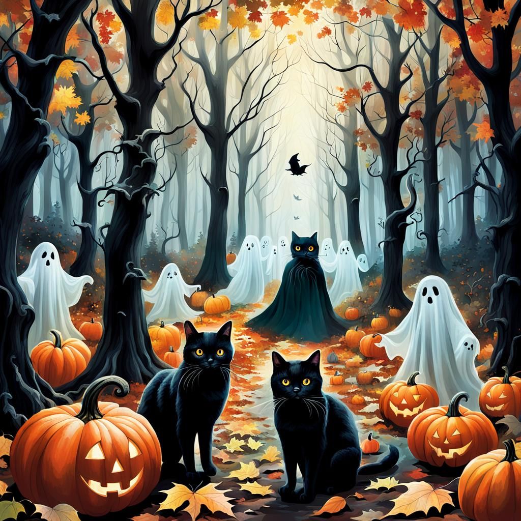 Surreal Autumn Forest Scene with Ghosts and Cat