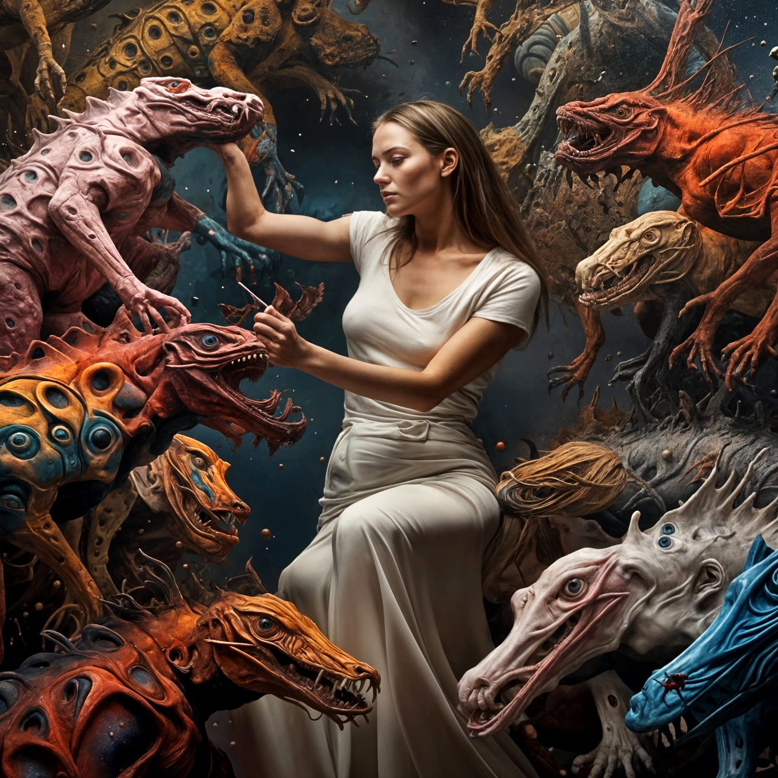 Surreal Portrait with Bizarre Creatures, Detailed Matte Pain...