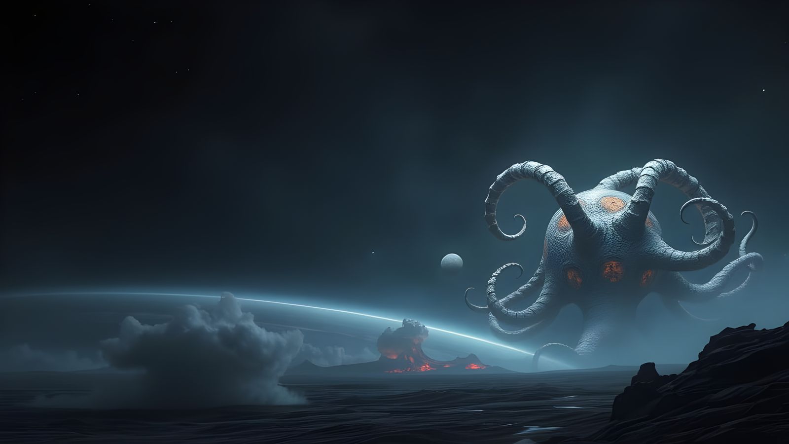 Cosmic Horror Landscape in Ominous, Atmospheric Style