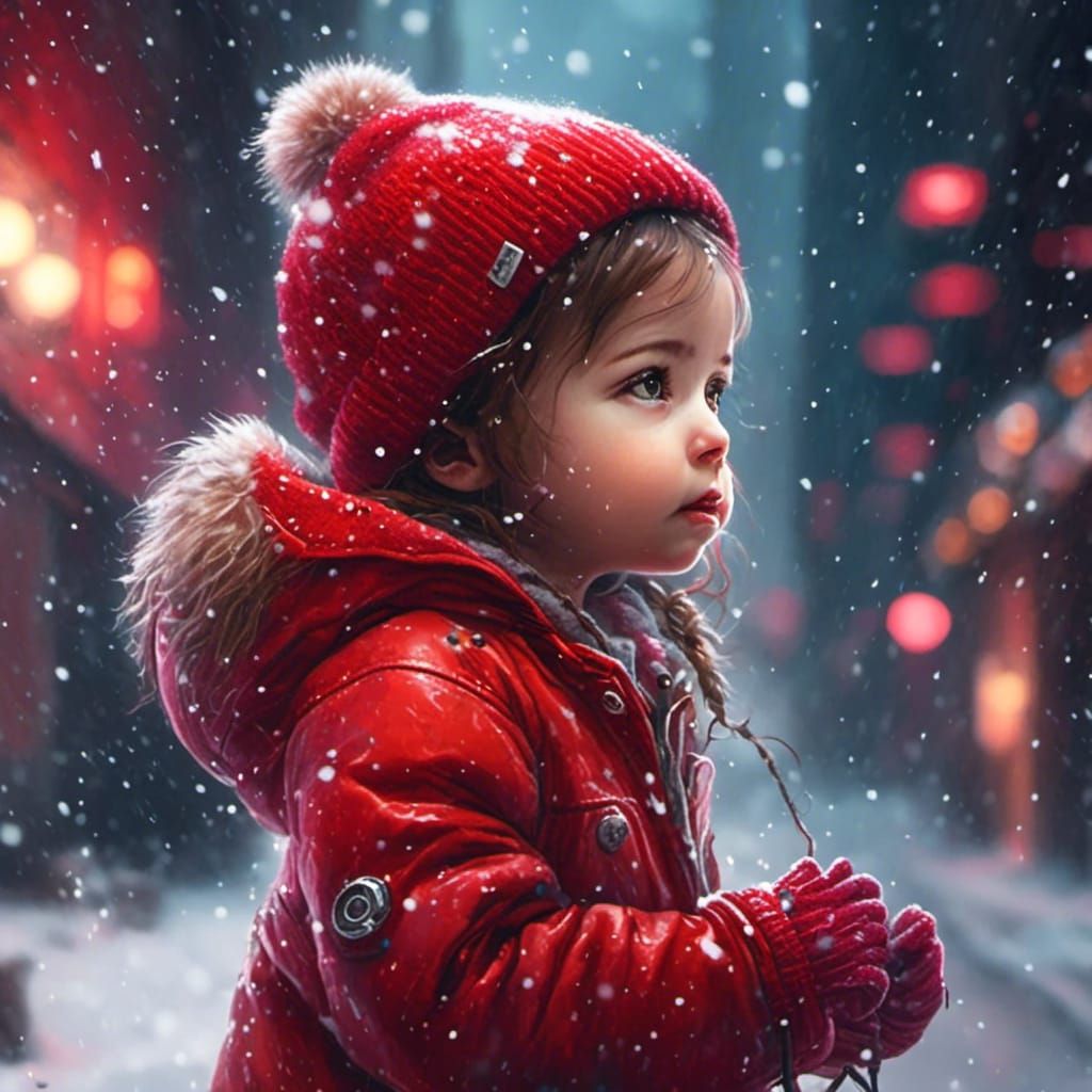 Cyborg Toddler Playing in Snow: Cyberpunk Fantasy