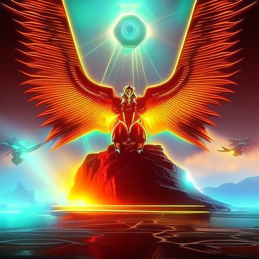 Cyberpunk Sphinx Soaring in Neon Cityscape