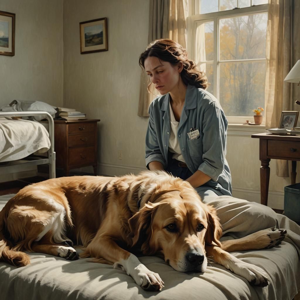 Therapy Dog Comforting Woman in Hospital Room as Oil Paintin...