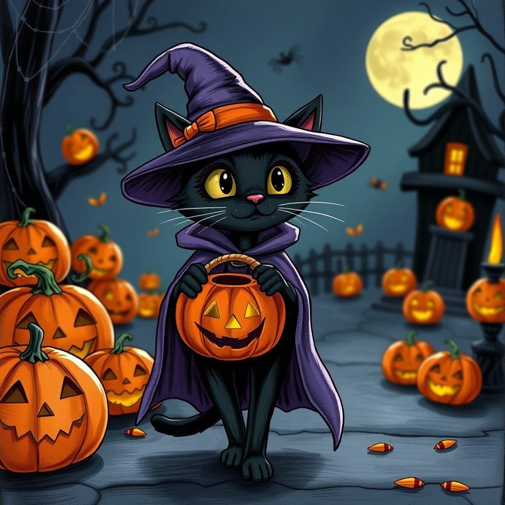 Whimsical Halloween Cat Wizard in Burtonesque Style