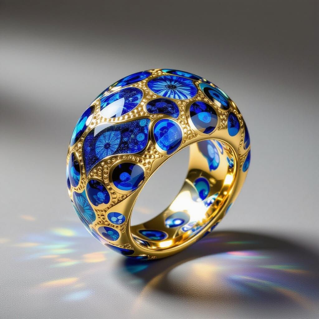 Murano Glass Ring with Blue and Gold Patterns