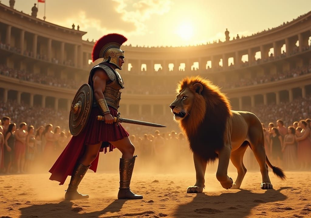 Gladiator and Lion in Roman Arena, Oil Painting