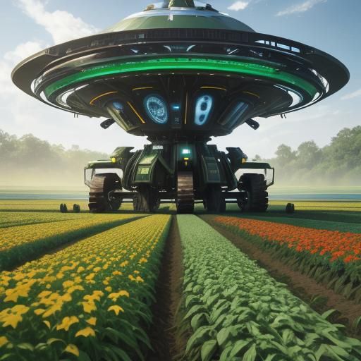 Futuristic Farm with Harvester Robot Concept Art