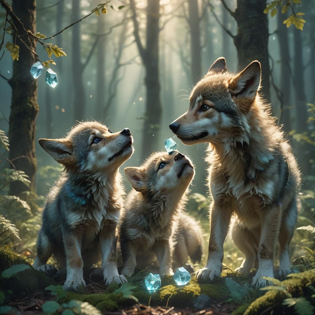 Whimsical Wolf Pups Play in Misty Forest