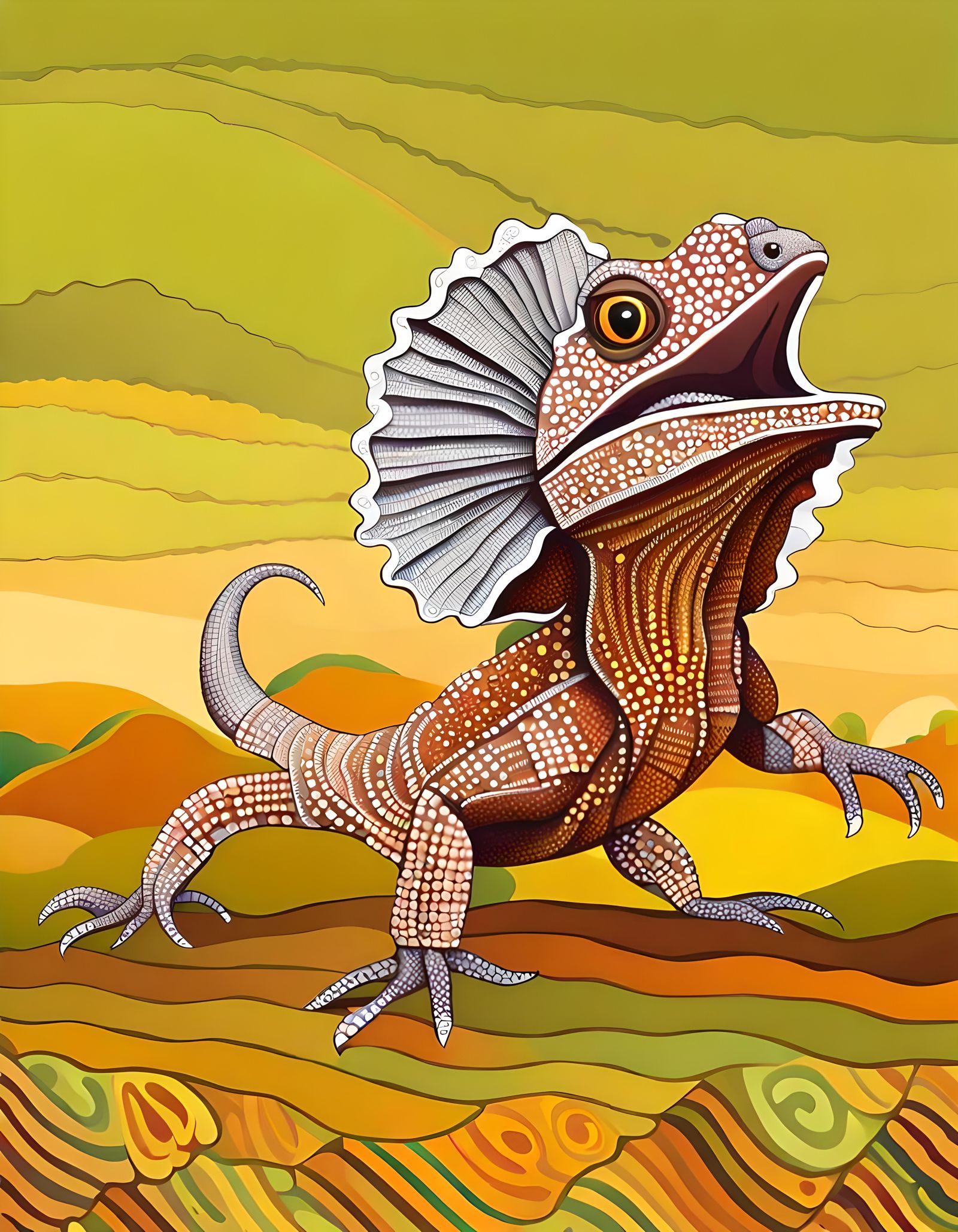 Frilled Lizard in Aboriginal Dot Art Style