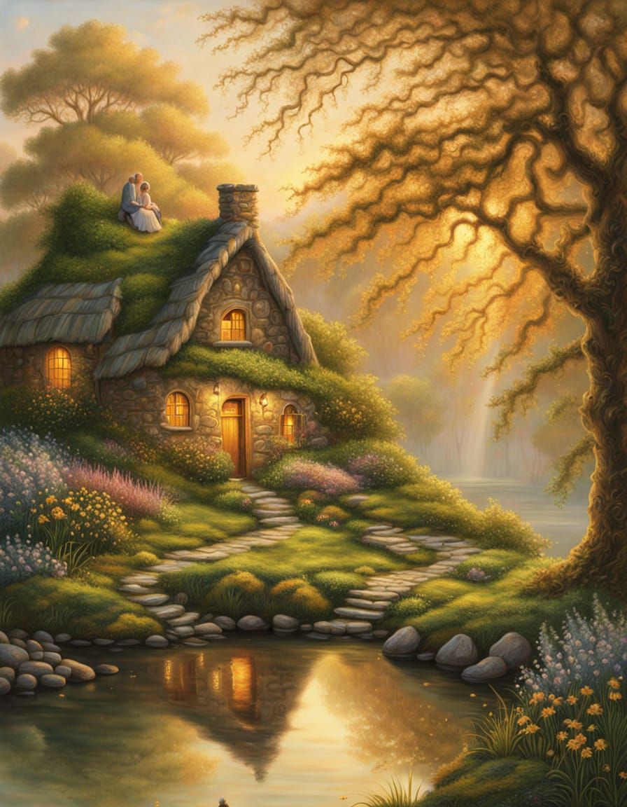 Renaissance Landscape: Elderly Couple by Stone Cottage